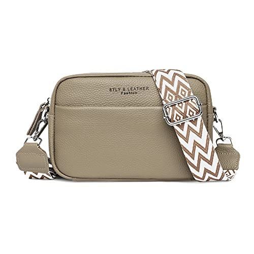 YFGBCX Crossbody Bag for Women Genuine Leather Wide Strap Shoulder Bag Purse Trendy Design Camera Crossbody Purse Top Zip, A07-khaki, Durable