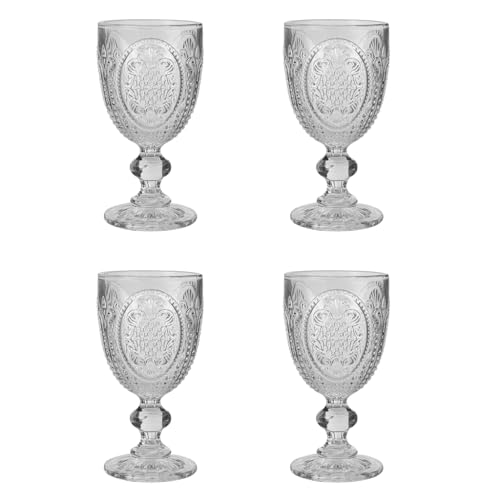 Wine Glasses Set of 4 Embossed Vintage Style Wine Goblet Glassware Set Dishwasher Safe Wine Glass Set Colourful Baroque Footed Wine Chalice Tumblers (Clear)