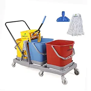 Carepure Three Bucket Mop Winger Trolley System for Hospital Cleaning | 3 Bucket Mop Wringer Trolley for Hospital Cleaning Free with Wet Mop Clip & Cotton Wet Mop Refill - 60 LTR