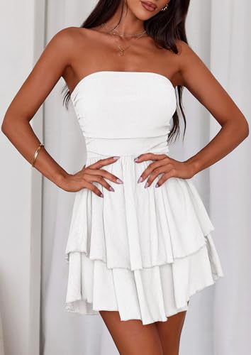 Image of PRETTYGARDEN Women's 2026 Summer Strapless Tube Mini Dress Off Shoulder Smocked Ruffle A Line Flowy Short Party Club Dresses