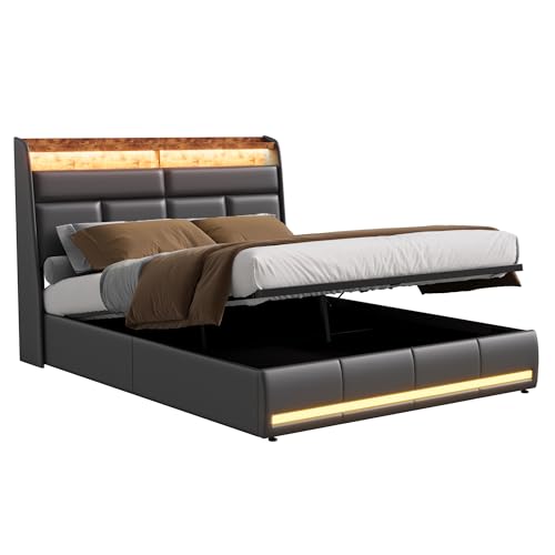 JYNVO Polsterbett 160x200 cm mit Stauraum und LED Beleuchtung, Hydraulisches Stauraumbett, Doppelbett mit Kopfteil, Bett mit Lattenrost, Jugendbett, Schwarz, PU-Leder, ohne Matratze