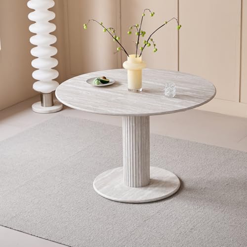 JZGORC Runder Esstisch mit zylindrischen Tischbeinen, Marmoroptik, Moderner Minimalistischer Esstisch für Wohnzimmer oder Küche, 115 x 115 x 75 cm – Grauer Travertin