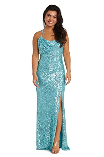 Image of Nightway Juniors' Long Sequin Cowl Neck Gown W /Cross-Back Spaghetti Straps & Side Slit - Prom Cocktail Party
