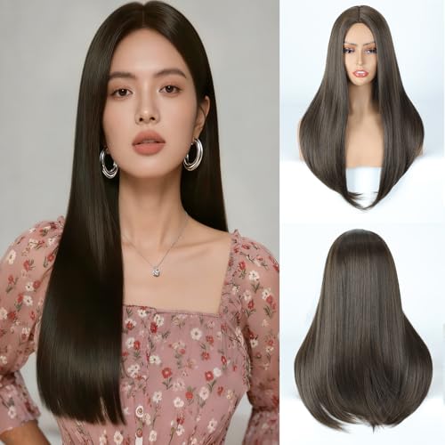 Image of Creamily 18 Inch Long Straight Brown Hair Wig for Women Full Head Natural Looking Synthetic Heat Resistant Wigs for Daily Party Cosplay Use