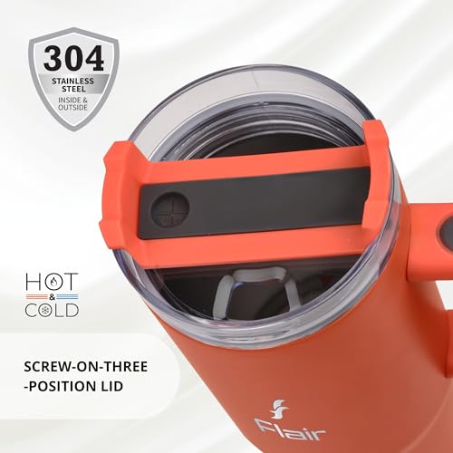 Image of FLAIR Vogue Insulated Tumbler with Lid, 2 Straws & Brush-750ml | Stainless Steel Sipper with Handle | Hot & Cold | Car Cupholder Friendly | Travel, Gym, Gift (Mandarin Orange)