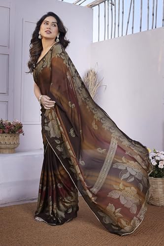 Image of MIRCHI FASHION Saree for Woman Chiffon Foil Work Floral Printed | Ethnic Sari for Function and Farewell with Unstitched Blouse Piece (Available in 15 Colors)