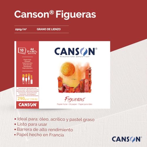 CANSON® FIGUERAS® Künstlerpapier für Öl, Acryl und Ölpastellkreide, Block 10 Blatt 30X40 cm 290G Langseitenleimung