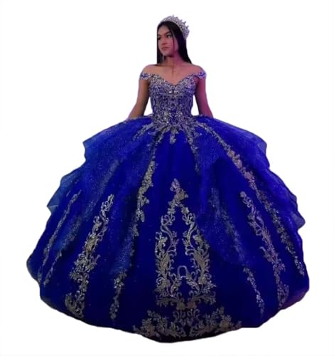 Asulla Gold Lace Appliques Quinceanera Dress with Train Glitter Sweet 15 16 Dress Off Shoulder Ball Gown