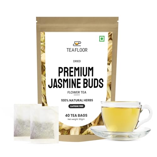 Image of TEAFLOOR Jasmine Flower Tea Bags || 40 Tea Bags /80 Gram (Pack Of 1) || Farm Packed For Freshness || Pure Whole Flower Buds Of Jasmine, Herbal Tea Rich In Anti Oxidants, Better Sleep And Relaxation
