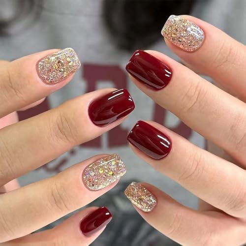 New Year Press on Nails Short Square Red Fake Nails