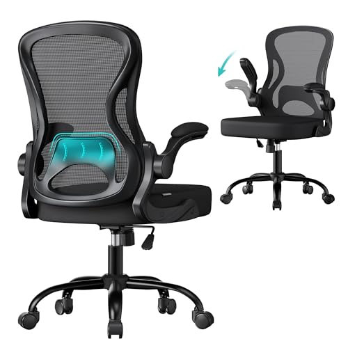 SONGMICS Ergonomic Office Chair Mesh Swivel Desk Chair with Lumbar Support Rocking Function Flip-Up Armrests for Home Office Bedroom Black OBN042BH03