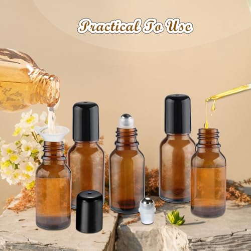 12 Pcs Essential Oil Roller Bottles Amber Glass Roller Bottles Refillable Cosmetic Vials Containers with Stainless Steel Roller Balls & Black Lid - 15ml/0.5oz4