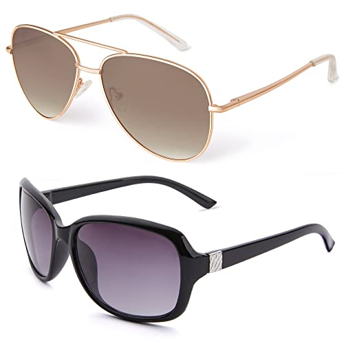 Madison Avenue 2 Pack Classic Vintage Sunglasses for Women, Fashion Sun Glasses with UV400 Protection, Black+gradient Brwon, Medium