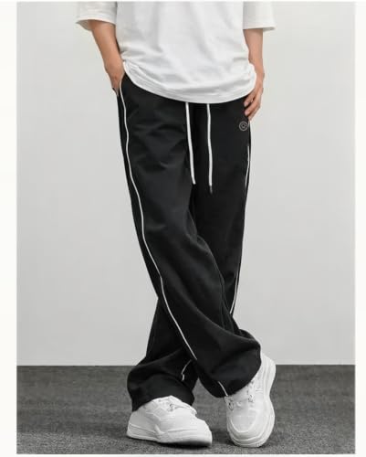 Image of Men's Relaxed Loose Fit Track Pants for Gym Workout Running Casual Wear Sports Lower with Pockets Adjustable Drawstring Waist Lightweight Quick Dry Activewear Fitness Black L