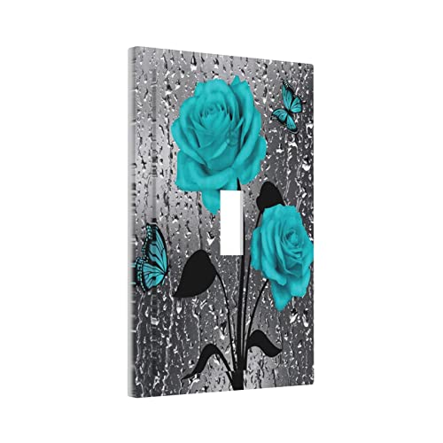 Raindrops Teal Gray Butterfly Rose 1 Gang Wall Plate Turquoise Blue Grey Flower Floral Single Toggle Light Switch Cover Switchplate Decorative Faceplate Romantic Valentine's Day Bathroom Shower Decor #TOP6