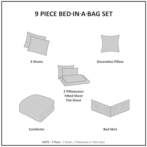 Madison Park Essentials Bed in a Bag Comforter, Vibrant Color Design All Season Down Alternative Cover with Complete Cotton Sheet Set, King(104"x92"), Knowles, Circular Grey, 9 Piece - Thumbnail 6