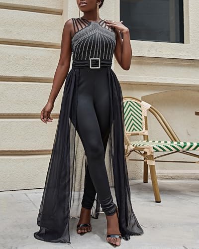 Womens One Piece Elegant Overlay Jumpsuit Dressy Sexy