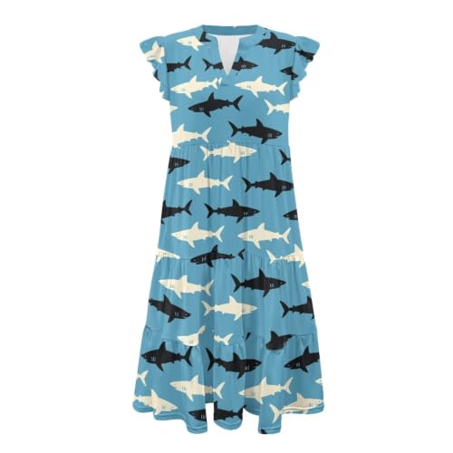 Image of Womens Summer Dress Ruffle Sleeve V Neck Dress Casual Fit Flowy Beach Vacation Sundress with Pocket S-2XL