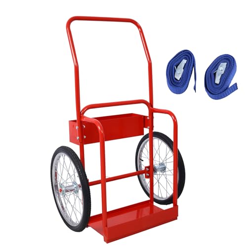 Large Dual Oxygen Tank Cart - 220lbs Load Capacity Double Cylinder Cart with 20in Pneumatic Wheels & Two Fastening Belts, Omni-Directional, High Rail, with Lifting Eye and Firewall Red