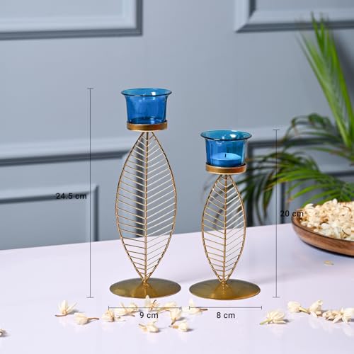 Image of Market99 (2 Votive) Leaf T- Lite Holder Set of 2 | Iron Tealight Holder with Leaf Shape & Blue Color | Glossy Finish Decorative Item for Festive Season and Home Decoration | Leaf Design