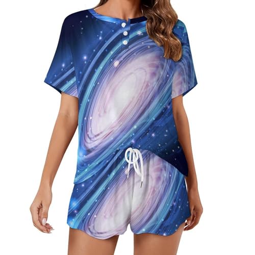 Pyjama pour femme manches courtes Galaxie Bleue vêtements de nuit ete