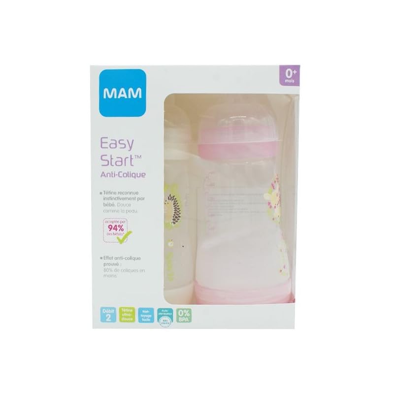 MAM Babyflasche Easy Start Anti-Colic mit belüftetem Boden, 2er-Set x 260 ml – 0+ Monate 2+ Monate – Saugerfluss 2, mittlere Geschwindigkeit – Rosa und Weiß