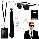 RenSton 5 PCS Agent Costume Accessories, Men in Black Costume with Glasses Necktie Earpiece ID Badge Card Lanyard, Secret Service Outfit for Men Women Halloween Cosplay Carnival
