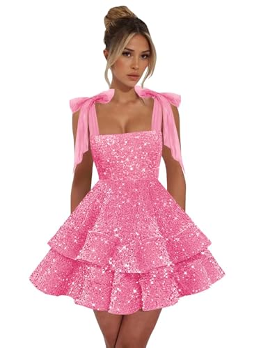 Sparkly Sequin Homecoming Dresses for Teens Women Short 2025 Bow Straps Tiered Mini Prom Cocktail Party Dress