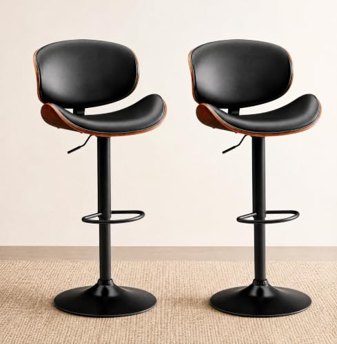 Image of Homall Swivel Bar Stools Set of 2, Counter Height Bar Chairs w /PU Leather Back, Adjustable Height & Footrest, Modern Upholstered Barstools for Kitchen Island Dining Room Bar, Black