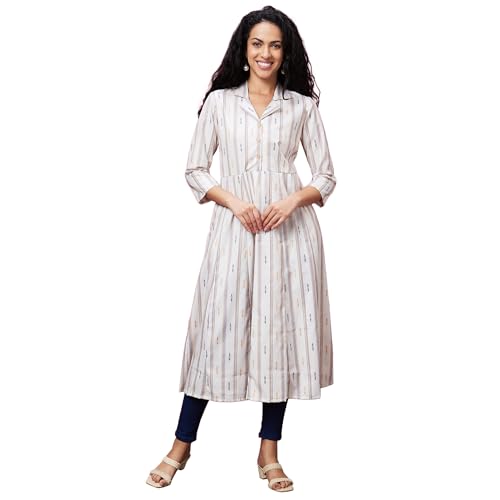 Image of Globus Women Green Casual Striped Lapel Shirt Collar 3 /4th Sleeve A-Line Kurta-3639791001