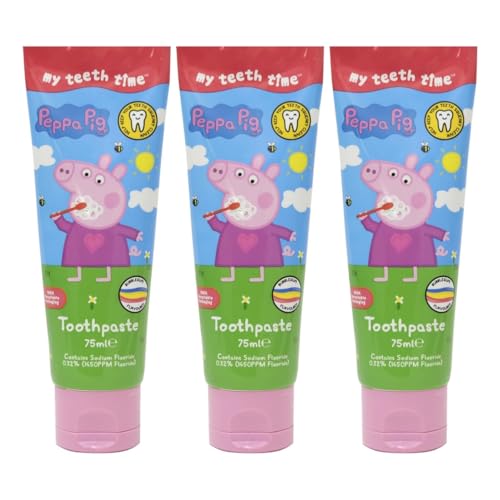 My Teeth Time Peppa Pig Lot de 3 dentifrices pour enfants de 3 à 8 ans, saveur Bubble Gum, rayures arc-en-ciel, 75 ml