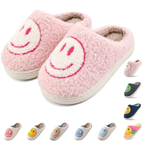 Cute Smile Face Slippers for Kids Girls Boys,Soft Plush Happy Face Slippers Non-Slip Toddler Warm House Slippers Little Kids Cartoon Smile Slippers Indoor Outdoor Pink White 3637