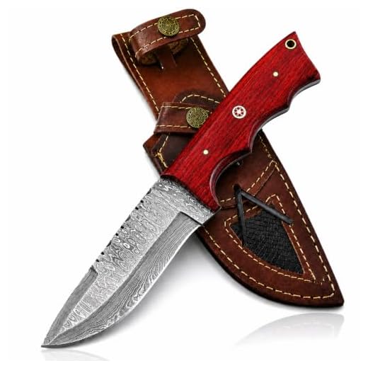 Handmade Damascus Hunting Knife With Leather Sheath 10 inch Fixed Blade Tactical Survivall Belt Knife for Horizontal Carry Hand Forged Damascus Steel Skinning Bushcraft Camp Knives For men (Red Padauk Wood)