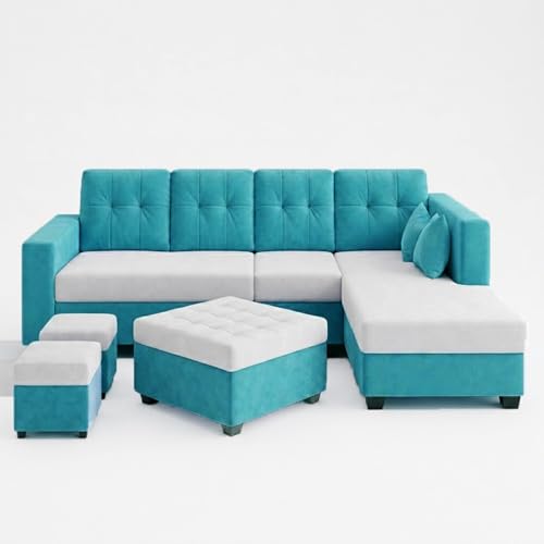 Image of FURNY Nathan 8 Seater L Shape Sofa Set RHS (Sky Blue-Light Grey) | Suede Velvet Finish | Durable Comfort Sofa for Modern Living Room & Office Spaces