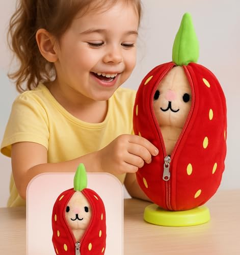 Image of Soft Cuddly Strawberry Bunny Plush Stuffed Rabbit Toy Adorable Berry Hoode Cute Ears for Plush Collectors Kids' Bedrooms Themes Special Gifting (45 CM)