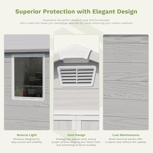 Image of Patiowell 6X6 FT Plastic Outdoor Storage Shed with Lockable Door and Floor, Resin Garden Tool Shed with Window, Waterproof Easy Assembly for Backyard, Lawn, Patio Furniture Storage (Light Grey)