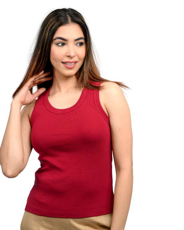 Mlada Cotton Ribbed Knit Tops for Women with Non Transparent Fabric | Stretchable Rib Knitted Sleeveless Racerback Tank Top with Crew Neck | Fitted Rib Knitted Cropped Vest Top
