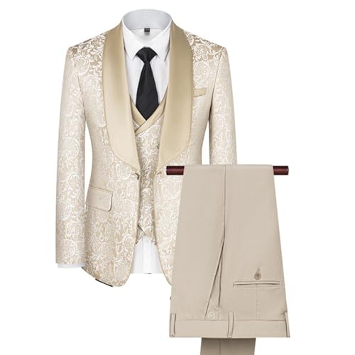Mens Suits, 3 Piece Tuxedo Jacket Color Matching Jacquard Slim Fit 1 Button Business Casual Wedding Blazer Dress Banquet Host Formal Jacket Men's Clothing,M, Off White