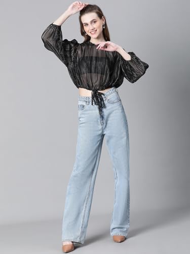 Image of oxolloxo Women Animal Print Round Neck Long Sleeve Elasticated Tie-Up Crop Top