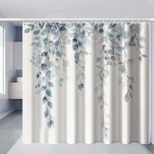 Rideau de douche imperméable motif feuilles bleu turquoise
