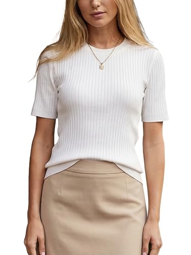 Image of Biffexu Womens Short Sleeve Tops Crew Neck Pullover Sweaters | Basic Clothes Business Outfits for Women