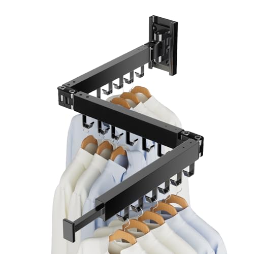 YUNISS Étendoir à Linge Mural, 129cm Sechoir à Linge Pliable avec 18 Crochets Étendoir Linge Pliable Intérieur et Extérieur Aluminium, pour Balcon, Salle de Bain, Hôtel, Buanderie, Chambre -Noir