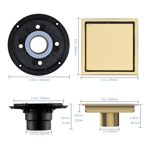 6-Inch Square Shower Drain, Brushed Gold Floor Drain with Flange, 304 Stainless Steel Bathroom 2-in-1 Tile Drain by kuaisailsk - Used condition - Image 2