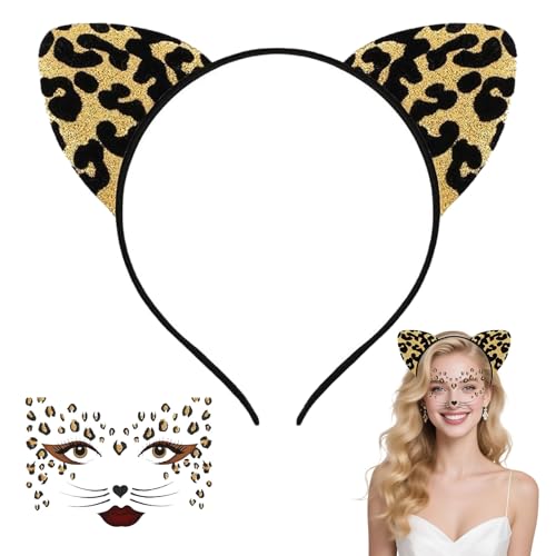 KOMEIYL Orejas de Leopardo Venda, Chica Orejas Leopardo Diadema con Tatuaje Facial, Aplicable a Halloween Navidad Cosplay Fiestas Temáticas