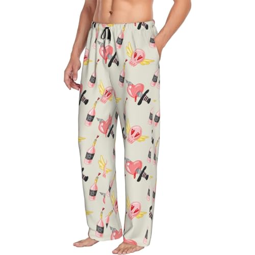 Novastar Pantalones de pijama para hombre con bolsillos, diseño de calavera, botella de vino rosa, suaves, cómodos pantalones de salón para hombre, Negro , M