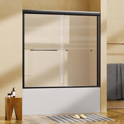 Miscoos Matte Black Semi-Frameless Bathtub Shower Door, 56"-60" W x 58" H Double Sliding Bypass Tub Door, 1/4" (6mm) Thick SGCC Tempered Glass with Explosion-Proof Film