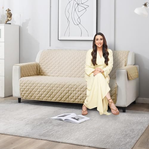 HOKIPO UrbanQuilt Quilted Sofa Cover 3 Seater, 170x184 cm, Beige | Quilted with soft foam filling. Available in 8 plain shades, machine washable.
