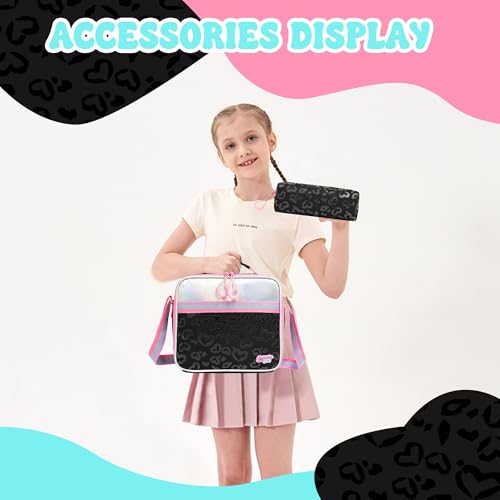 Image of Meetbelify Backpack with Wheels for Girls Black Rolling Letter Backpack Cute Carry on Backpack Kids Luggage with Lunch Box Pencil Case for Elementary Student