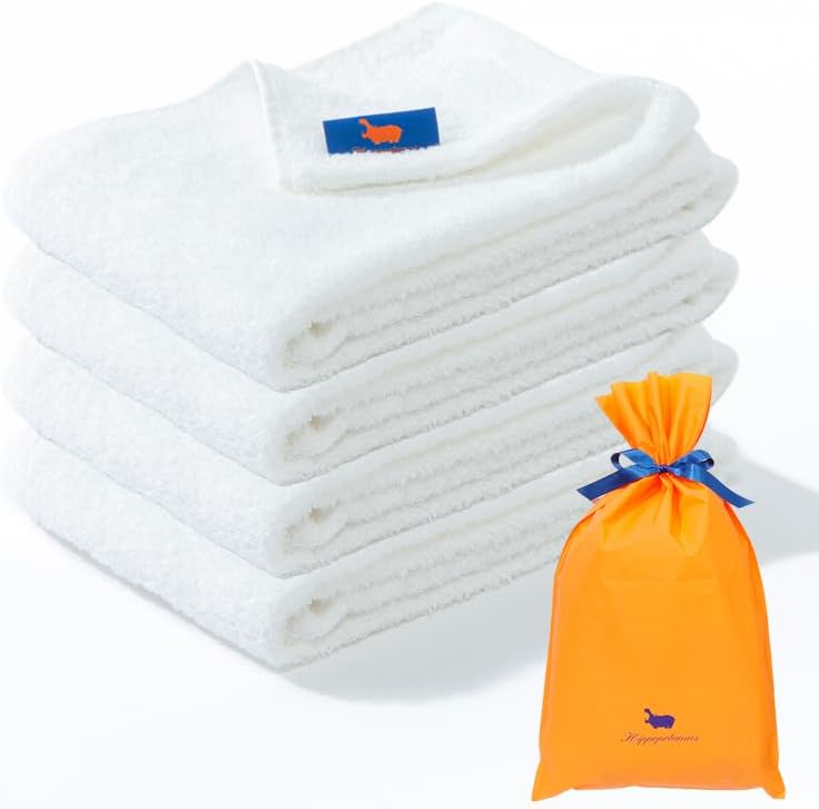 Hippopotamus Gym Towel Set of 4, Organic Cotton & Bamboo, Gift Bag, White | 13.5 x 37.5 Inch • Sports Towel • Ultra Soft • Highly Absorbent • OEKO-TEX Standard 100 • Made in Japan