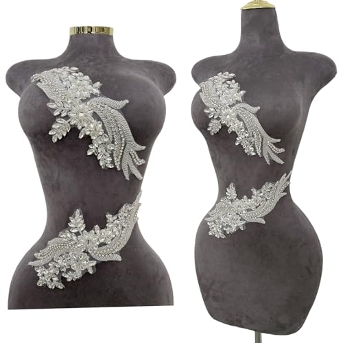 Handmade Rhinestones lace Trim Patches Handsewing Beads Bodice Applique for Dress DIY Accessories 1pair/Set (Silver)
